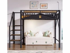 Online Cama alta de madera oscura y negra 140x200cm con barandilla de seguridad y escalera, metal + MDF (colchón no incluido) Cama Alta