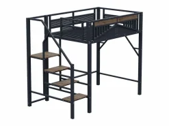 Online Cama alta de madera oscura y negra 140x200cm con barandilla de seguridad y escalera, metal + MDF (colchón no incluido) Cama Alta