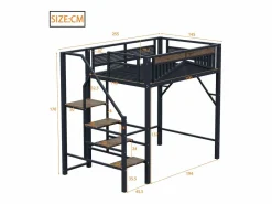 Online Cama alta de madera oscura y negra 140x200cm con barandilla de seguridad y escalera, metal + MDF (colchón no incluido) Cama Alta