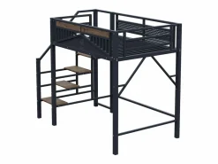 Online Cama alta de madera oscura y negra 140x200cm con barandilla de seguridad y escalera, metal + MDF (colchón no incluido) Cama Alta