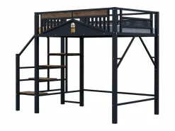 Online Cama alta de madera oscura y negra 140x200cm con barandilla de seguridad y escalera, metal + MDF (colchón no incluido) Cama Alta