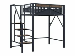 Online Cama alta de madera oscura y negra 140x200cm con barandilla de seguridad y escalera, metal + MDF (colchón no incluido) Cama Alta