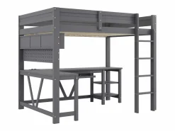 New Merax Cama alta de madera para juegos infantiles - 90 x 200 cm - con escritorio + estante de almacenaje + LED - MDF + madera - Gris