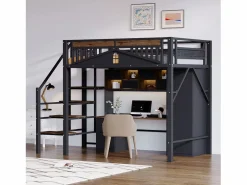 Hot Cama alta de metal - 140 x 200 cm - con barandilla + escalera de seguridad - madera + metal - Cama Alta|Cama Con Almacenaje