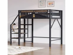 Hot Cama alta de metal - 140 x 200 cm - con barandilla + escalera de seguridad - madera + metal - Cama Alta|Cama Con Almacenaje