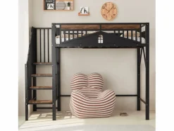 Clearance Merax Cama alta de metal - 90 x 200 cm - con barandilla + escalera de seguridad - madera + metal - Negro