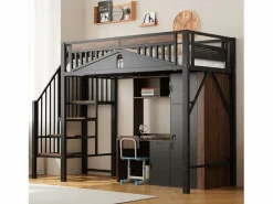 Clearance Merax Cama alta de metal - 90 x 200 cm - con barandilla + escalera de seguridad - madera + metal - Negro