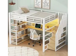 Clearance Merax Cama alta de metal - 140 x 200 cm - con escalera de almacenaje + escritorio + estante + USB + LED - MDF + metal - Blanco