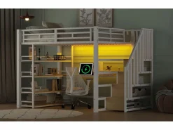 Clearance Merax Cama alta de metal - 140 x 200 cm - con escalera de almacenaje + escritorio + estante + USB + LED - MDF + metal - Blanco
