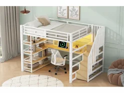 Clearance Merax Cama alta de metal - 140 x 200 cm - con escalera de almacenaje + escritorio + estante + USB + LED - MDF + metal - Blanco