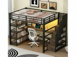 Cama alta de metal - 140 x 200 cm - con escalera de almacenaje + escritorio + estante + USB + LED - MDF + metal - Cama Alta|Cama Con Almacenaje