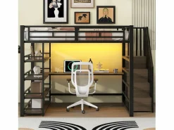 Cama alta de metal - 140 x 200 cm - con escalera de almacenaje + escritorio + estante + USB + LED - MDF + metal - Cama Alta|Cama Con Almacenaje