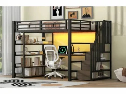 Cama alta de metal - 140 x 200 cm - con escalera de almacenaje + escritorio + estante + USB + LED - MDF + metal - Cama Alta|Cama Con Almacenaje