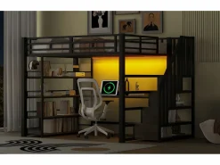 Cama alta de metal - 140 x 200 cm - con escalera de almacenaje + escritorio + estante + USB + LED - MDF + metal - Cama Alta|Cama Con Almacenaje