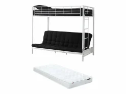 Hot Vente-unique Cama alta de metal de 90 x 190 cm con sofá convertible + futón + colchón MODULO V Blanco
