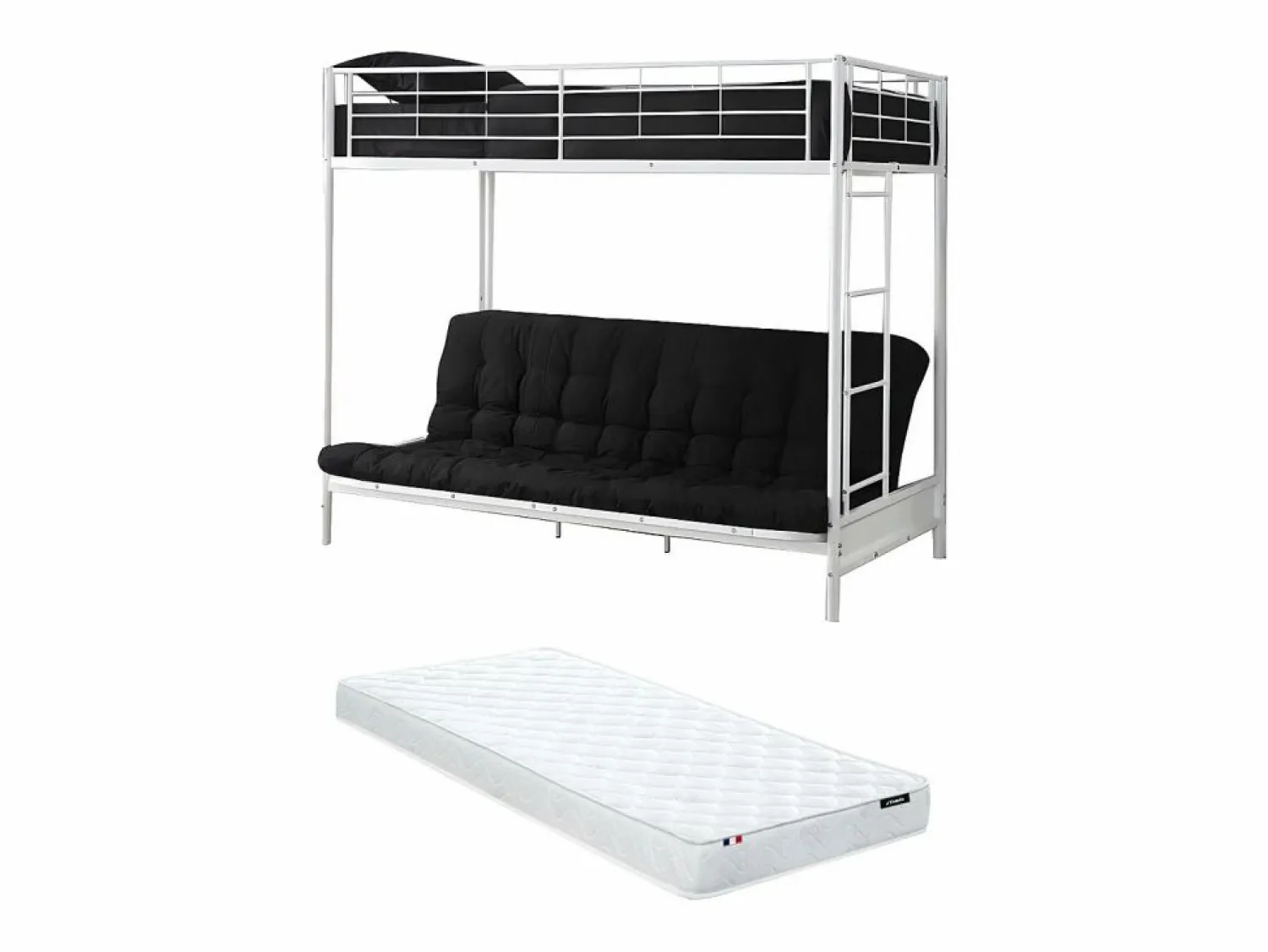 Hot Vente-unique Cama alta de metal de 90 x 190 cm con sofá convertible + futón + colchón MODULO V Blanco