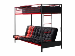 Vente-unique Cama alta de metal negro y rojo de 90 x 190 cm con banco convertible + futón MODULO V