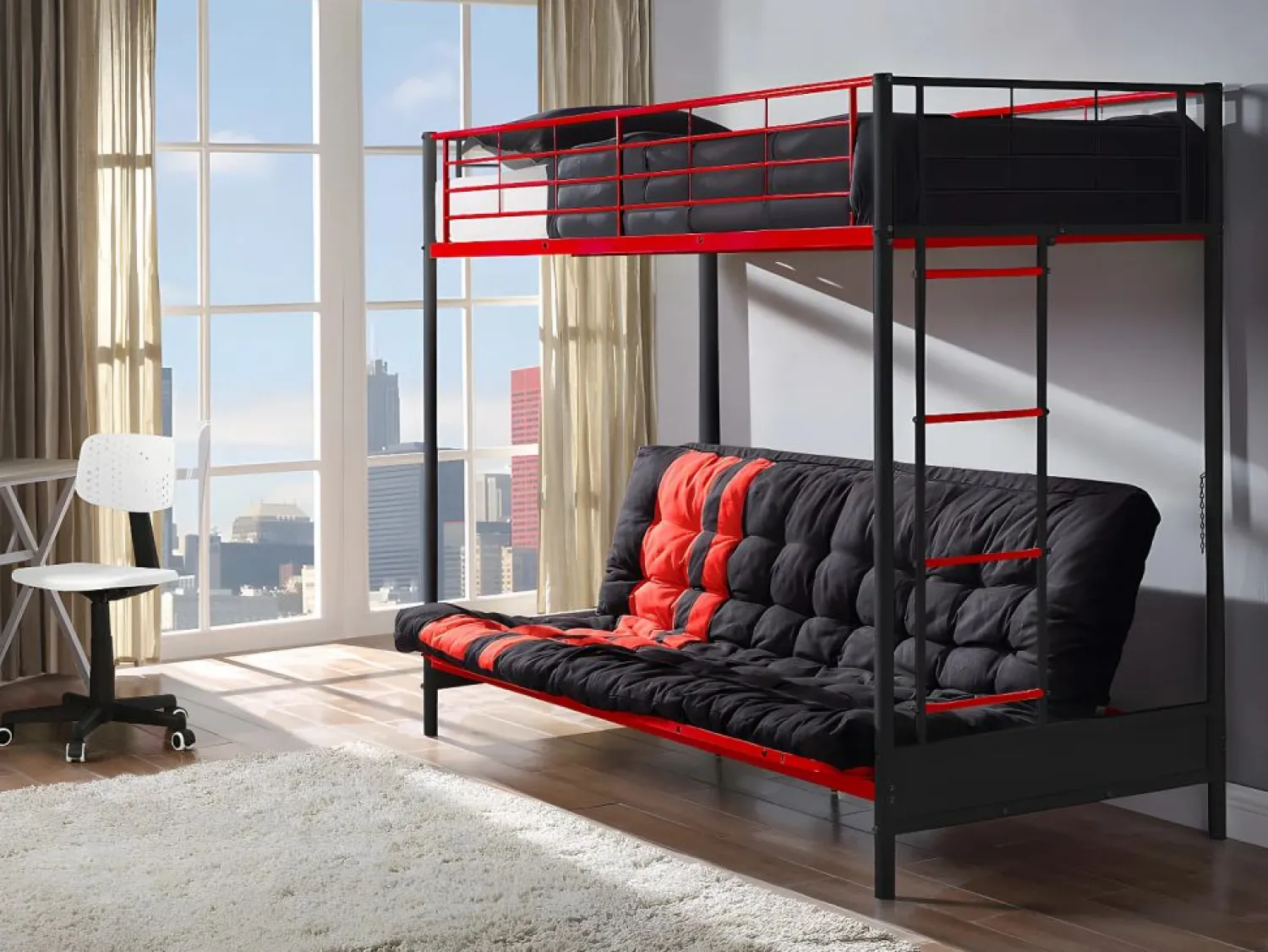 Sale Vente-unique Cama alta de metal negro y rojo de 90 x 190 cm con sofá convertible + colchón futón MODULO V Negro / Rojo