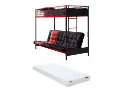 Sale Vente-unique Cama alta de metal negro y rojo de 90 x 190 cm con sofá convertible + colchón futón MODULO V Negro / Rojo