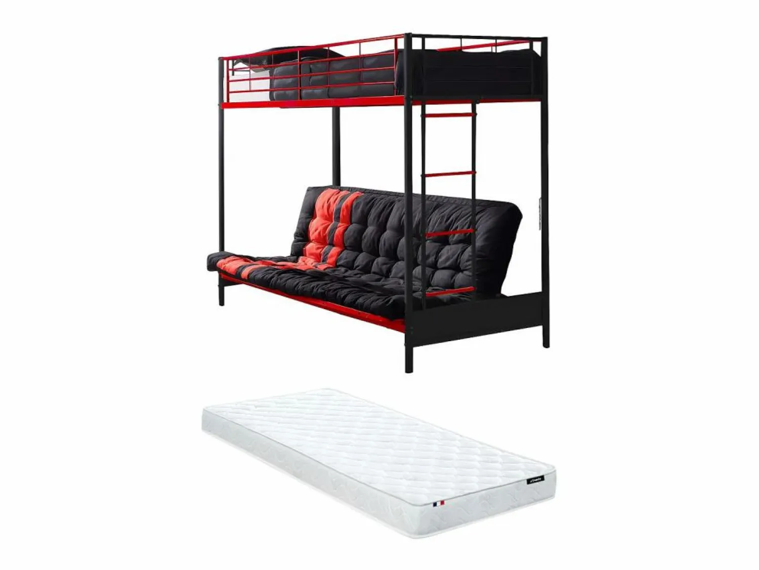 Sale Vente-unique Cama alta de metal negro y rojo de 90 x 190 cm con sofá convertible + colchón futón MODULO V Negro / Rojo