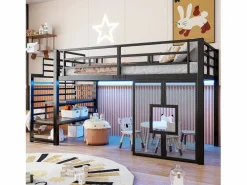 Hot Cama alta de metal para niños - 90 x 200 cm - con escalera + almacenaje + LED + ventanas - Cama Alta