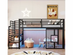 Hot Cama alta de metal para niños - 90 x 200 cm - con escalera + almacenaje + LED + ventanas - Cama Alta