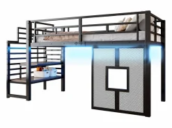 Hot Cama alta de metal para niños - 90 x 200 cm - con escalera + almacenaje + LED + ventanas - Cama Alta