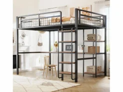 ModernLuxe Cama alta de metal 140x200 cm - con escritorio y escalera de seguridad - Negro