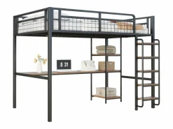 ModernLuxe Cama alta de metal 140x200 cm - con escritorio y escalera de seguridad - Negro