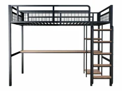 ModernLuxe Cama alta de metal 140x200 cm - con escritorio y escalera de seguridad - Negro