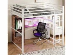 Hauss Spole Cama alta de 140x200 cm con iluminación LED, escritorio, cajón y estantes, estructura metálica, blanca
