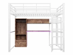 Hauss Spole Cama alta de 140x200 cm con iluminación LED, escritorio, cajón y estantes, estructura metálica, blanca