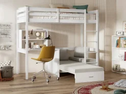 Online Vente-unique Cama alta escritorio, sofá y compartimentos. 90x200 cm. Pino macizo. . GOLIATH II Blanco