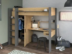 Outlet Vente-unique Cama alta escritorio y armario 90 x 200 cm natural y antracita con colchón AUCKLAND Gris antracita / Color natural claro