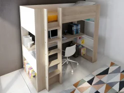 Best Vente-unique Cama alta escritorio y estantería integrados blanco NOAH II Color natural claro / Blanco