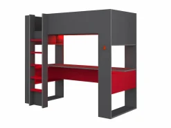 Discount Vente-unique Cama alta gamer con escritorio y compartimentos 90 x 200 cm con LEDs gris y rojo NOAH Gris antracita / Rojo