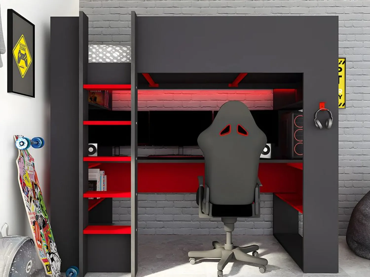 Outlet Vente-unique Cama alta gamer escritorio y compartimentos 90x200 cm LEDs gris y rojo con colchón NOAH Gris antracita / Rojo