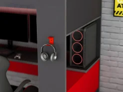 Outlet Vente-unique Cama alta gamer escritorio y compartimentos 90x200 cm LEDs gris y rojo con colchón NOAH Gris antracita / Rojo
