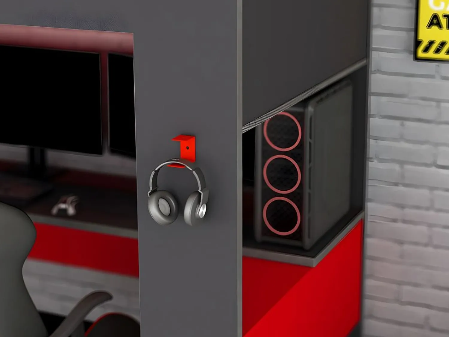 Outlet Vente-unique Cama alta gamer escritorio y compartimentos 90x200 cm LEDs gris y rojo con colchón NOAH Gris antracita / Rojo