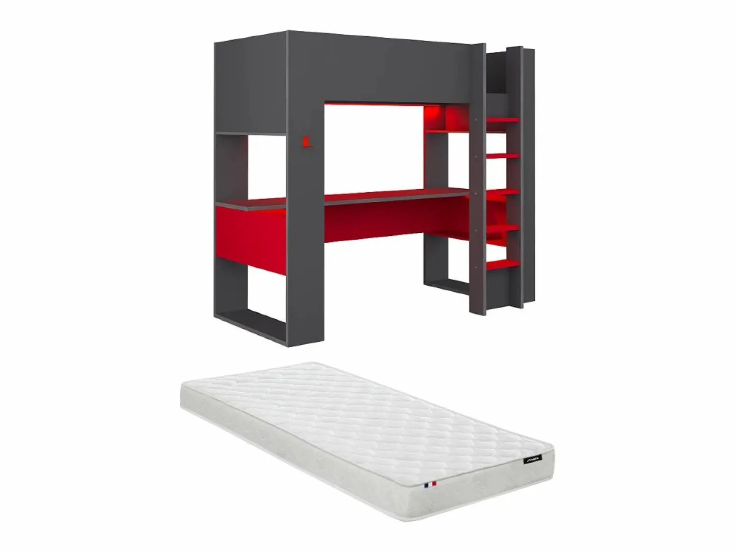 Outlet Vente-unique Cama alta gamer escritorio y compartimentos 90x200 cm LEDs gris y rojo con colchón NOAH Gris antracita / Rojo