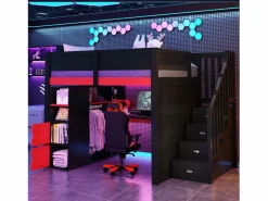 Online Merax Cama alta gaming de madera - 140 x 200 cm - con escritorio + LEDs + estantería y escalera de almacenaje + armario - MDF - + rojo Negro