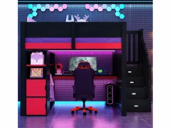 Online Merax Cama alta gaming de madera - 140 x 200 cm - con escritorio + LEDs + estantería y escalera de almacenaje + armario - MDF - + rojo Negro