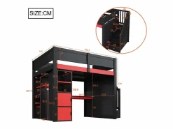 Online Merax Cama alta gaming de madera - 140 x 200 cm - con escritorio + LEDs + estantería y escalera de almacenaje + armario - MDF - + rojo Negro