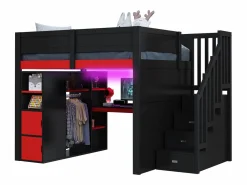 Online Merax Cama alta gaming de madera - 140 x 200 cm - con escritorio + LEDs + estantería y escalera de almacenaje + armario - MDF - + rojo Negro