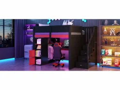 Online Merax Cama alta gaming de madera - 140 x 200 cm - con escritorio + LEDs + estantería y escalera de almacenaje + armario - MDF - + rojo Negro