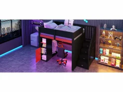 Online Merax Cama alta gaming de madera - 140 x 200 cm - con escritorio + LEDs + estantería y escalera de almacenaje + armario - MDF - + rojo Negro