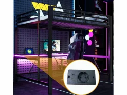New Merax Cama alta gaming infantil de metal - 160 x 200 cm - con LED + USB + escritorio - Negro