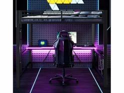 New Merax Cama alta gaming infantil de metal - 160 x 200 cm - con LED + USB + escritorio - Negro