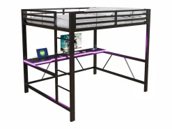 New Merax Cama alta gaming infantil de metal - 160 x 200 cm - con LED + USB + escritorio - Negro
