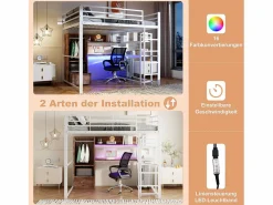 Outlet Cama alta infantil - 140 x 200 cm - con armario + LED + escritorio + 1 cajón - MDF + metal - Cama Alta